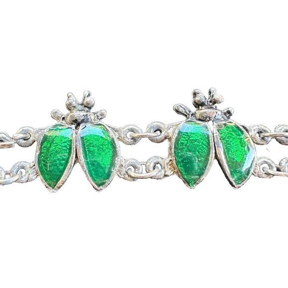 Vintage Beetle Bug Silver Tone Bracelet Green Cottagecore Witch Goth 60s - Picture 1 of 5